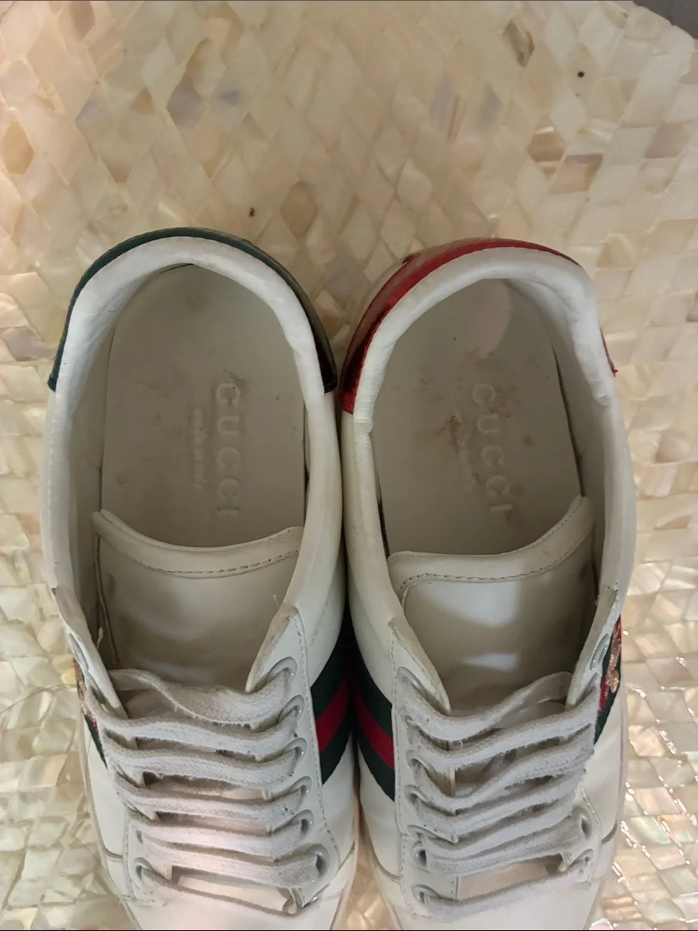 Gucci White Leather Sneakers with Red & Green Stripe and Bee Patch